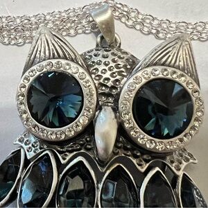 Silver Owl Pendant Necklace Sapphires and Diamond Accents